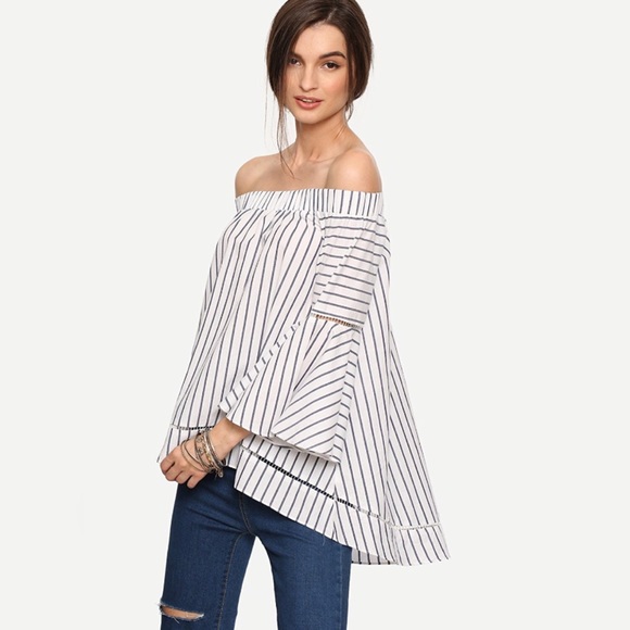 Off Shoulder Bell Sleeve Striped High Low Blouse - Picture 5 of 6